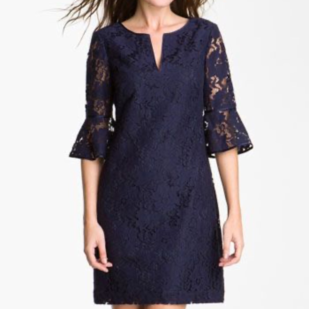 Adrianna Papell‎ Ruffle Sleeve Lace Dress Navy Blue Size 14